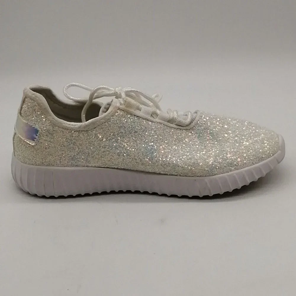 Womens Flat Heel Lace Up Low Top‎ Sneaker Cushioned Insole White Glitter Sz 8
